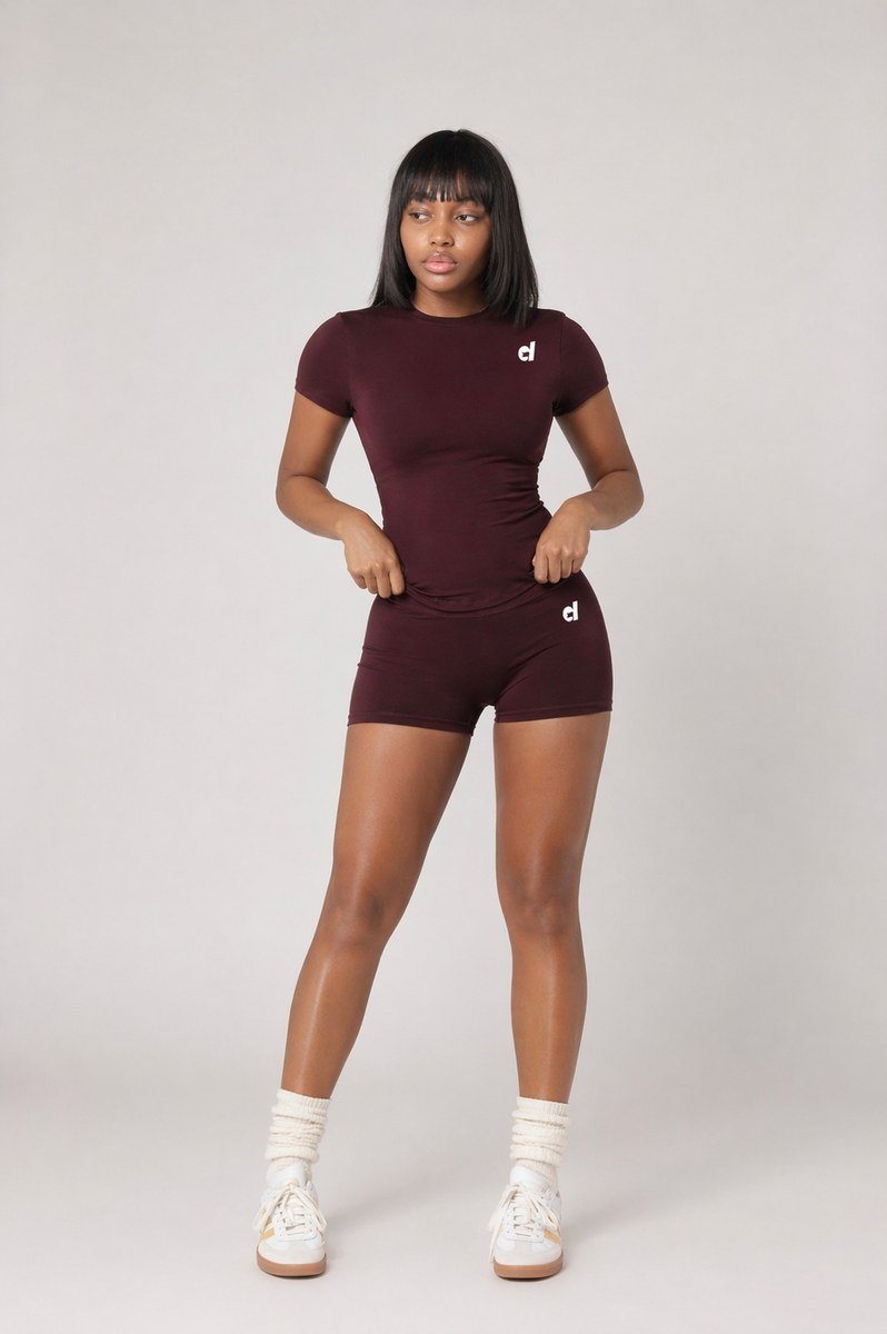 Burgundy Fitted Tee Short Set